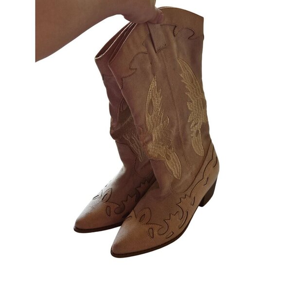 Vintage Western Cowboy Style Beige Embroidered Suede Boots With Low Block Heel F - Picture 2 of 15